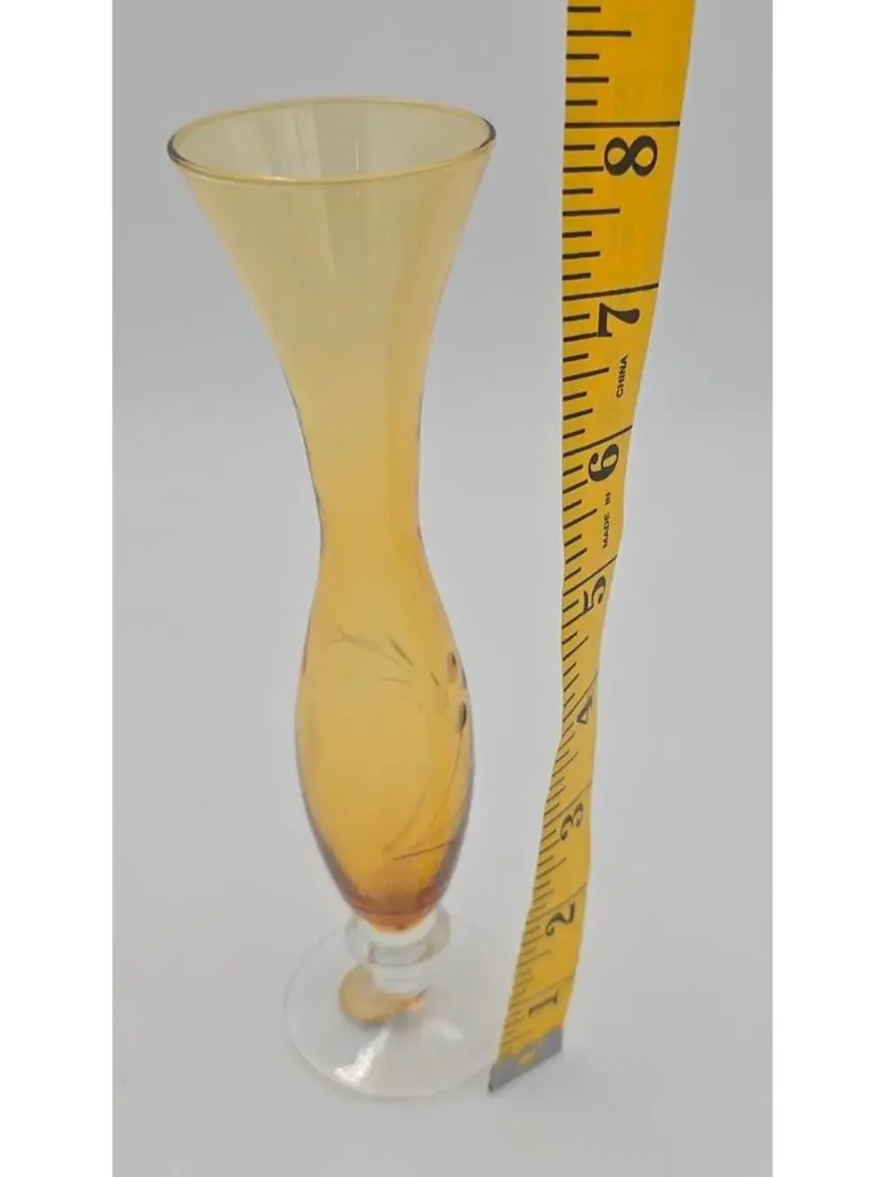 Vintage HTC Amber Cut Glass Etched Decorative Vase w/ Original Sticker